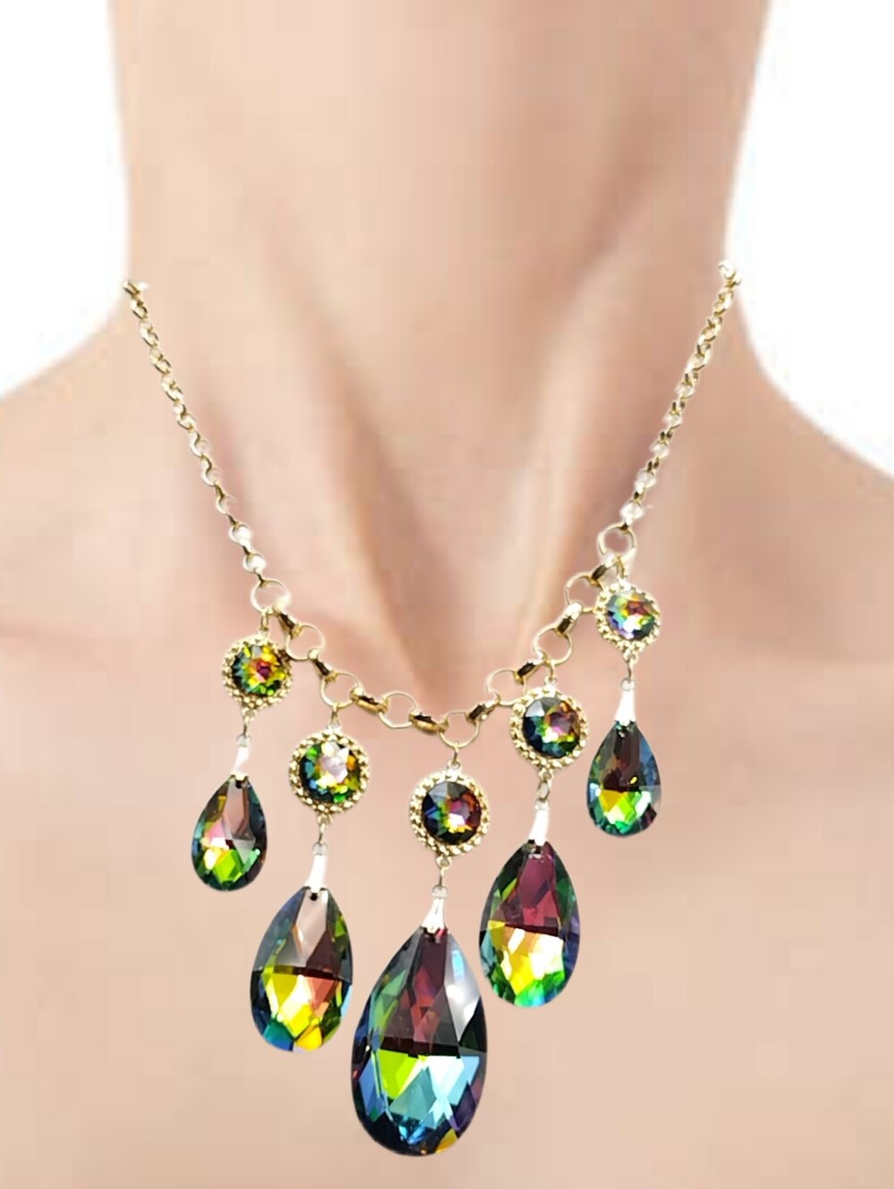 Gold Tone Iridescent Crystal Teardrop Statement Necklace NWOT